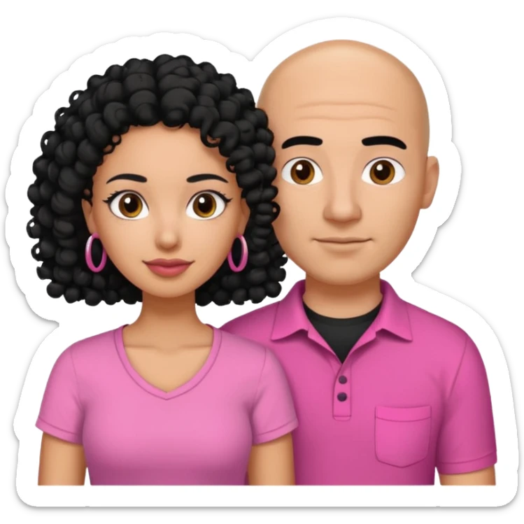 A picture if a couple. the man is a Mexican man with  black hair, a bald hair cut and black shirt on. the woman is mixed with black and white, with curly shoulder length hair and a pink shirt on sticker