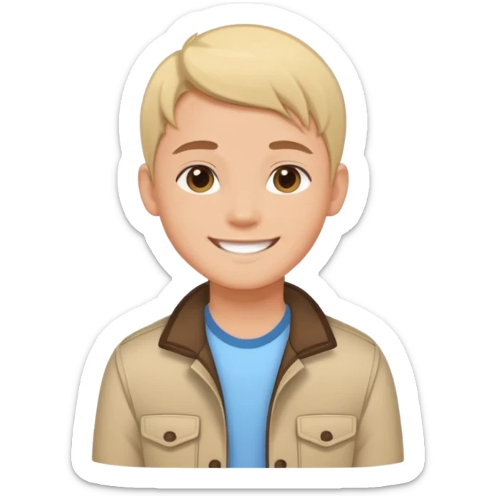 Cartoon avatar sticker of a young person, friendly smile, modern outfit, clean vector illustration, thick outline, flat colors, simple background, sticker style, high quality, transparent background sticker