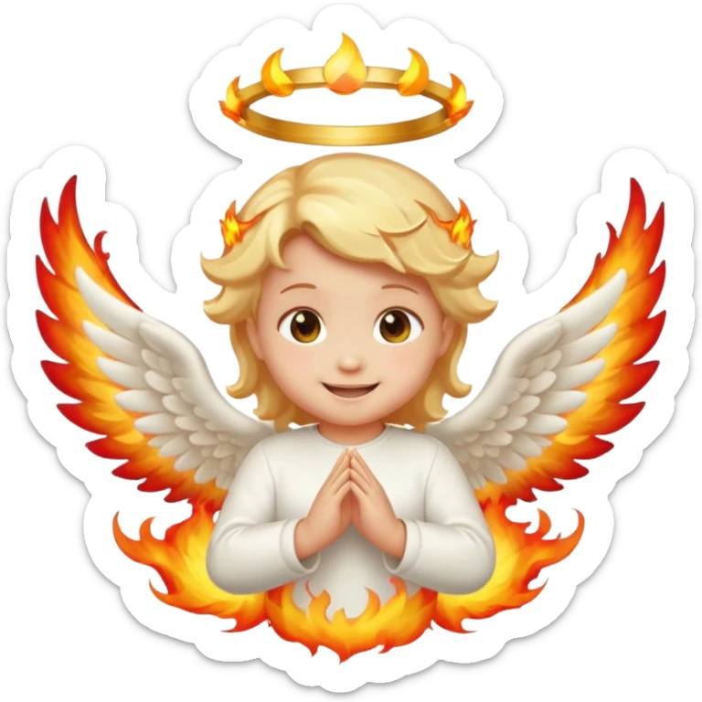 baby fire angel, smiling, halo, small white wings, flames, emoji style sticker