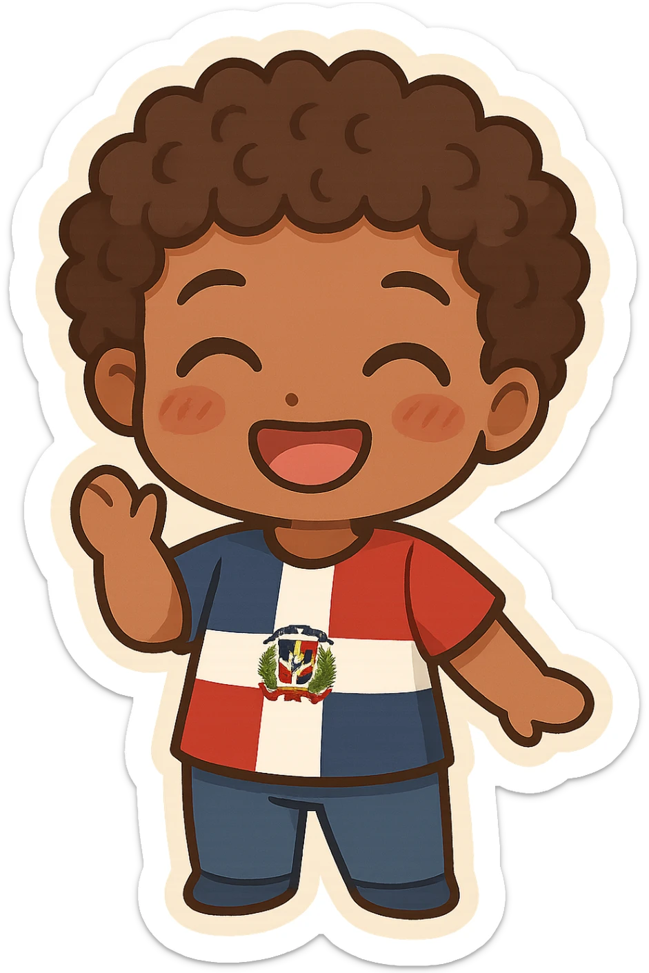 chibi emoji of a Dominican character with curly hair and brown skin, smiling sticker