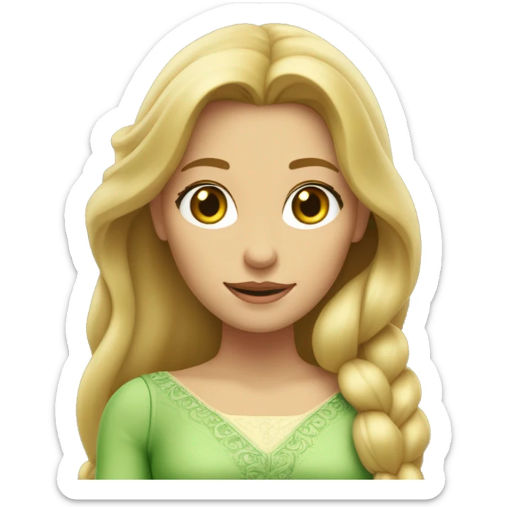 Mujer blanca con vestido de Rapunzel, ojos verdes, rubia y de pelo largo liso  sticker