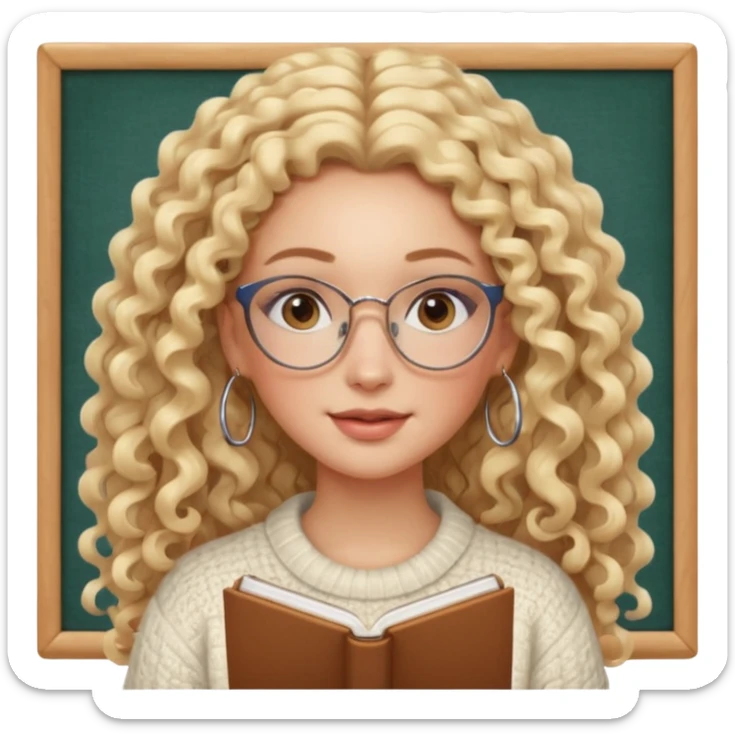 cute white woman with VERY LONG blonde curly hair, brown eyes, full lips, natural clean girl makeup and hoop earrings and square glasses, studying sticker