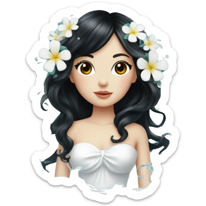 Pretty young Lady doll with black hair flowers in hair white dress surrounded by flowing water sticker