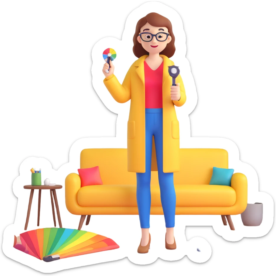 interior designer holding color swatches and a tape measure, standing in a stylish living room sticker