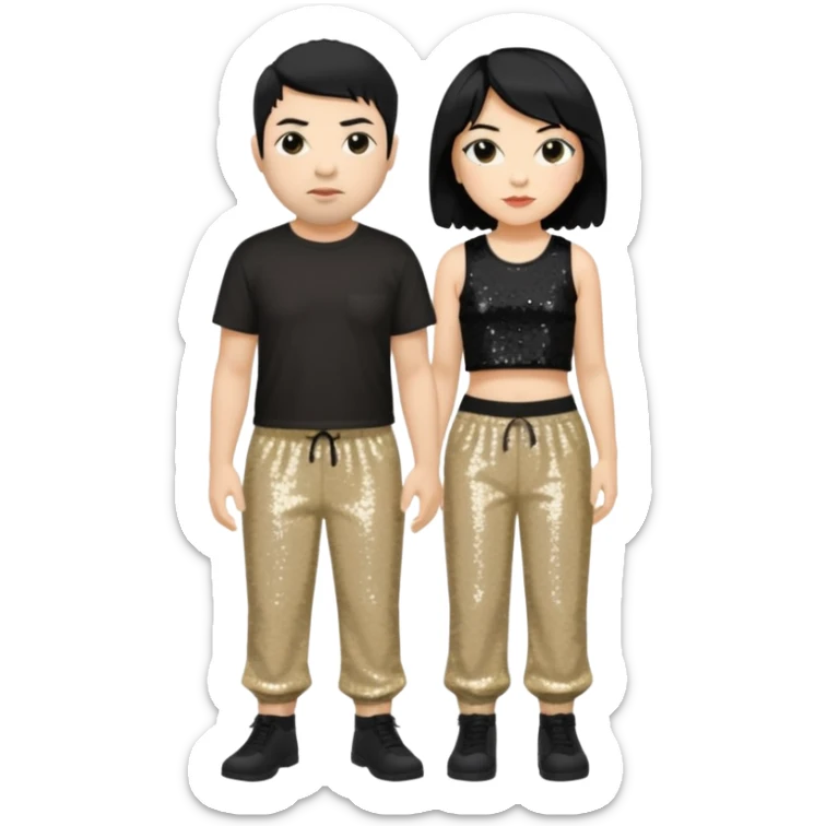 Chino Moreno with black hair, black sequin crop top, beige sequin baggy pants sticker