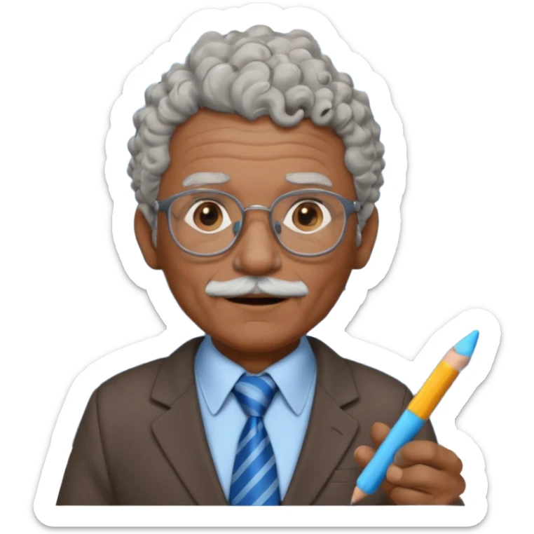 old man teacher, brown skin, curly grey white hai, wearing glasses, brown suit, blue tie hold chalk on hand sticker