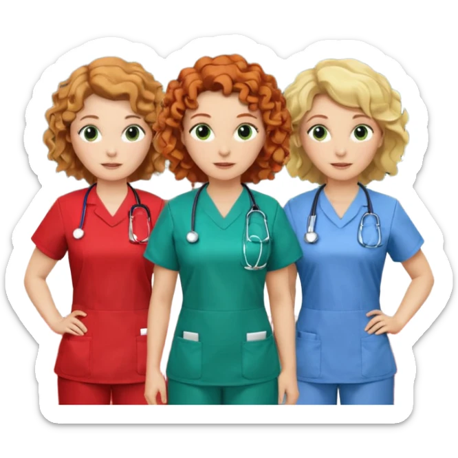 3 nurses: nurse 1 is wearing green work clothes, curly hair, middle european. nurse 2 is wearing blue work clothes, blond hair, scandinavic, nurse 3 is wearing white work clothes, red hair. they all stand in a classroom, "Academy" written in white on board sticker