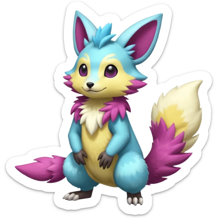 Shiny smooth silky soft Cyan-Yellowish-Magenta Minccino-Zeraora-Emolga-Vernid-Sergal-fusion-hybrid-animal-creature, full body sticker