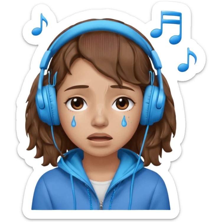A crying girl with wavy hair listening to music with blue headphones sticker