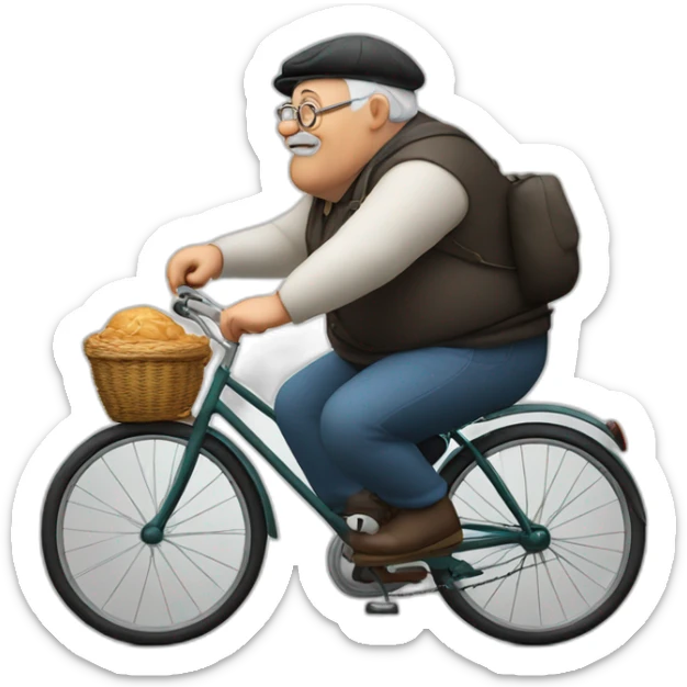 fat grandpa with a grandfather's beret on his head. riding an old bicycle. with a tired face. sticker