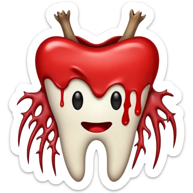 Minimalist emoji-style sticker of a pulled tooth with roots and a smear of blood at the base. Black and desaturated red colors. Flat, clean outline on white.
 sticker