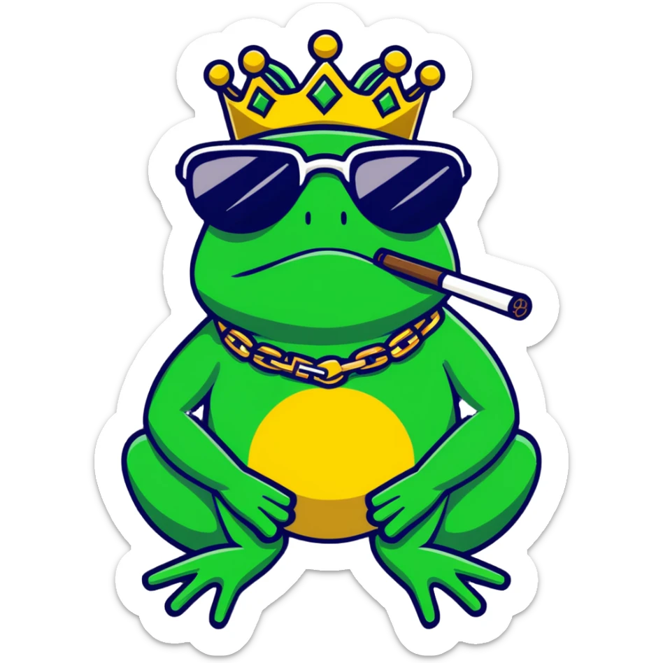 gangster frog wearing a gold crown smoking a blunt, cool sunglasses, gold chain sticker