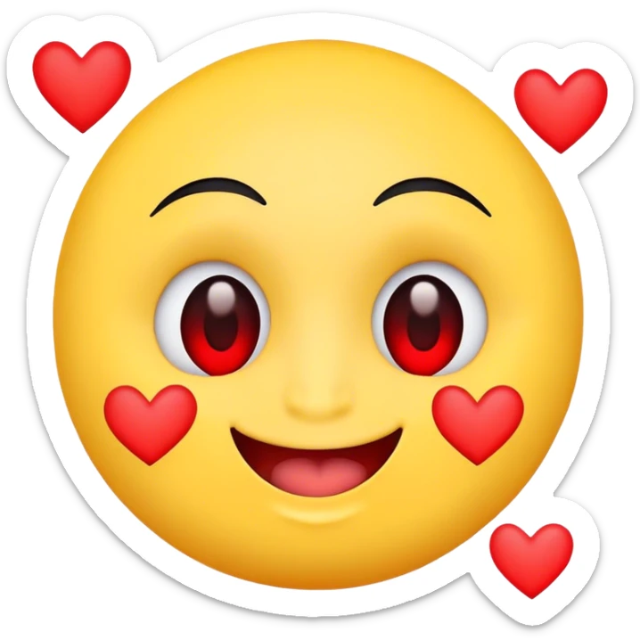 
A yellow circle face, eyes turned into red hearts, and a smiling mouth made of small black lines. There is no nose. sticker