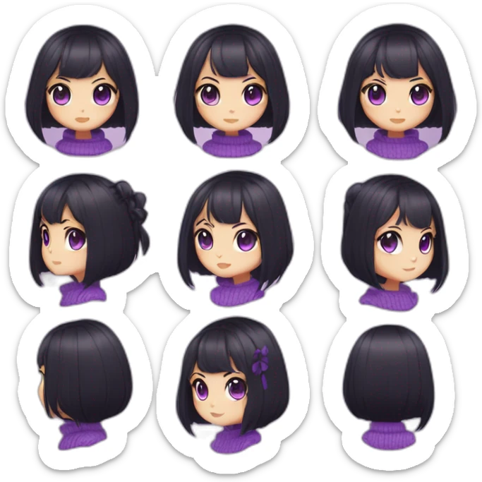 neko girl with heart black hair side swept bangs with shaved sides and back of head with purple eyes wearing a purple sweater sticker