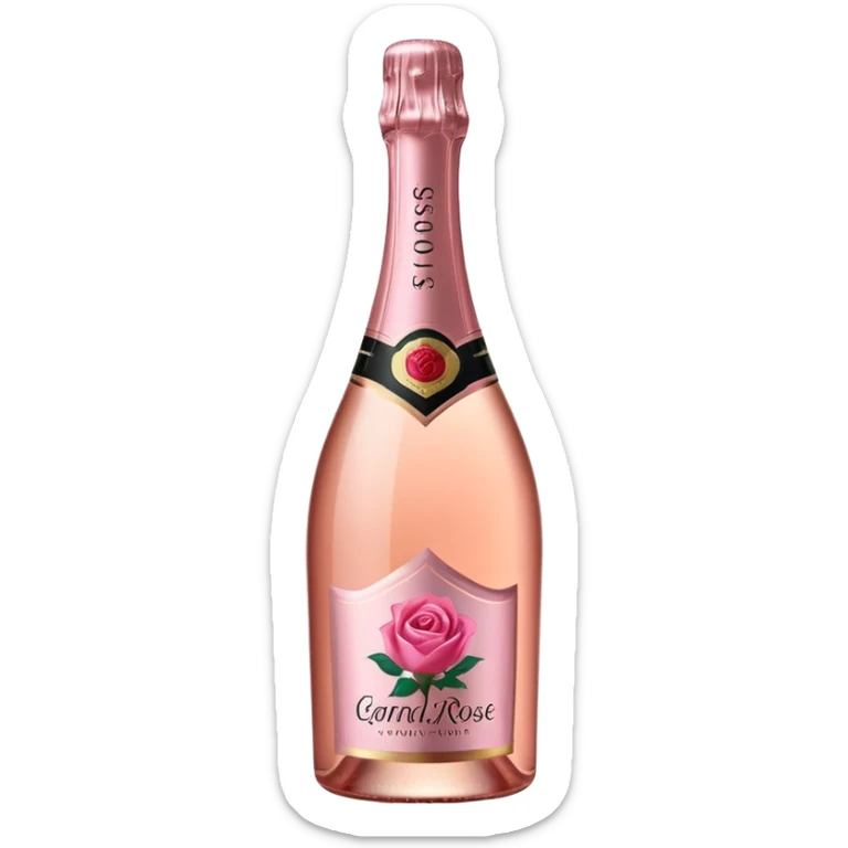 bottle of sparkling rosé champagne with a rose logo on the label, tilted up and to the right, no glass sticker