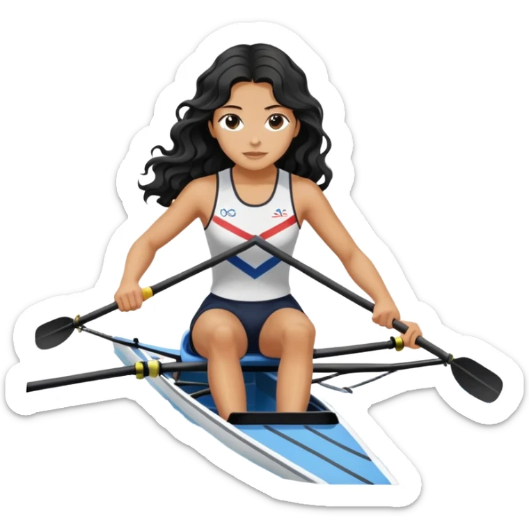 girl with long black wavy hair rowing in Olympic rowing sport, distant view sticker