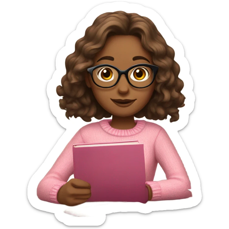 a girl with shoulder length and wavy brown hair, with glasses, studying at a desk. she is wearing a pink sweater  sticker