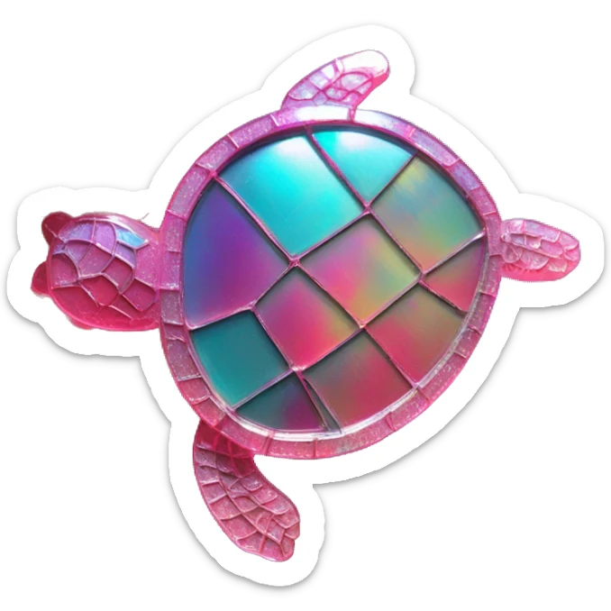 Sparkling cyan pink Turtle made from rainbow oilslick cyan glass, stained glass art sticker