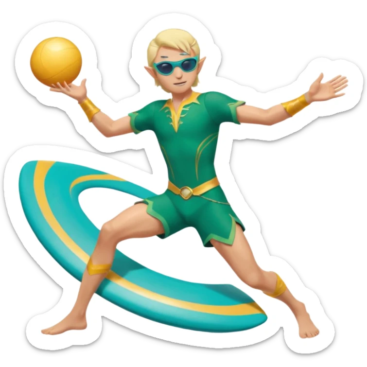 elf male legolas launching a frisbee woven from pure sunlight, wearing sporty teal swim shorts and performance sunglasses, athletic pose, pointy ears, dynamic motion lines, beach sky backdrop, centered emoji sticker