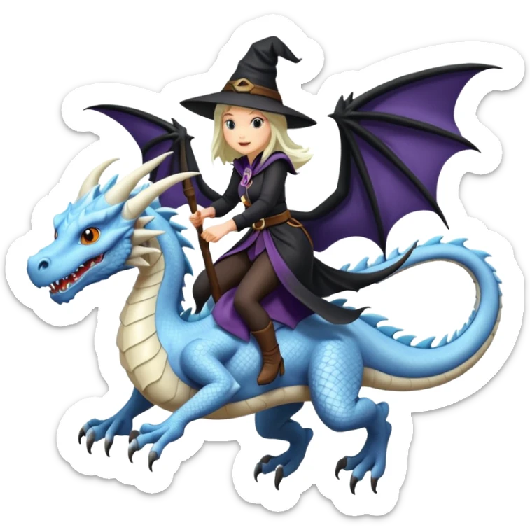 Big white dragon flying with a witchy female rider on top of it sticker