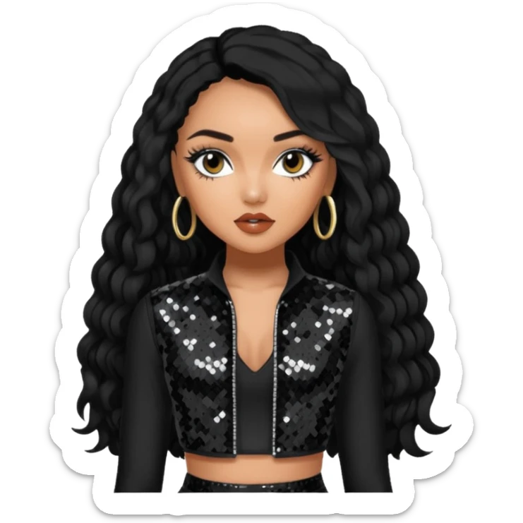 Leigh-Anne Pinnock from Little Mix with long black hair, black sequin outfit sticker
