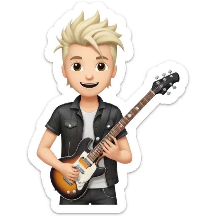 Rockstar musician with a confident smile looking up, electric guitar, cool hairstyle, rock and roll attitude sticker