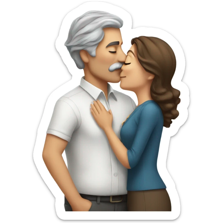 Grey haired man with mustache kissing woman with brown hair  sticker