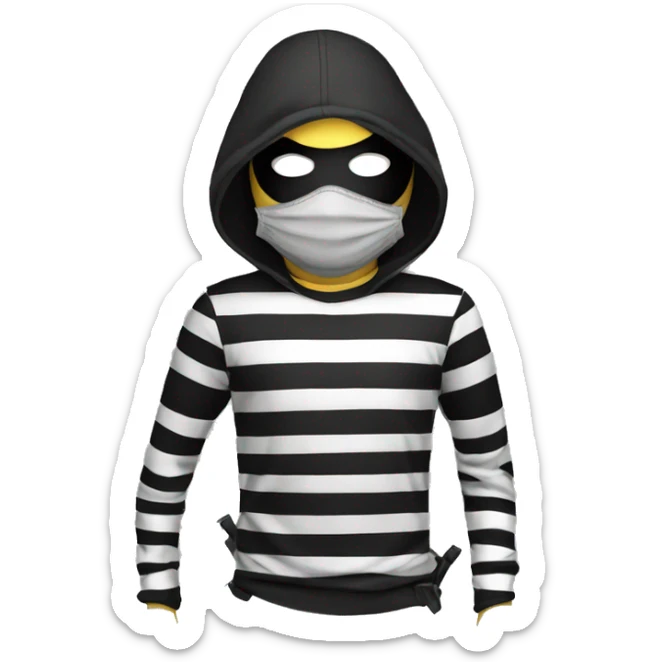 a masked robber in a black and white striped T-shirt with a bag with a dollar painted on it sticker
