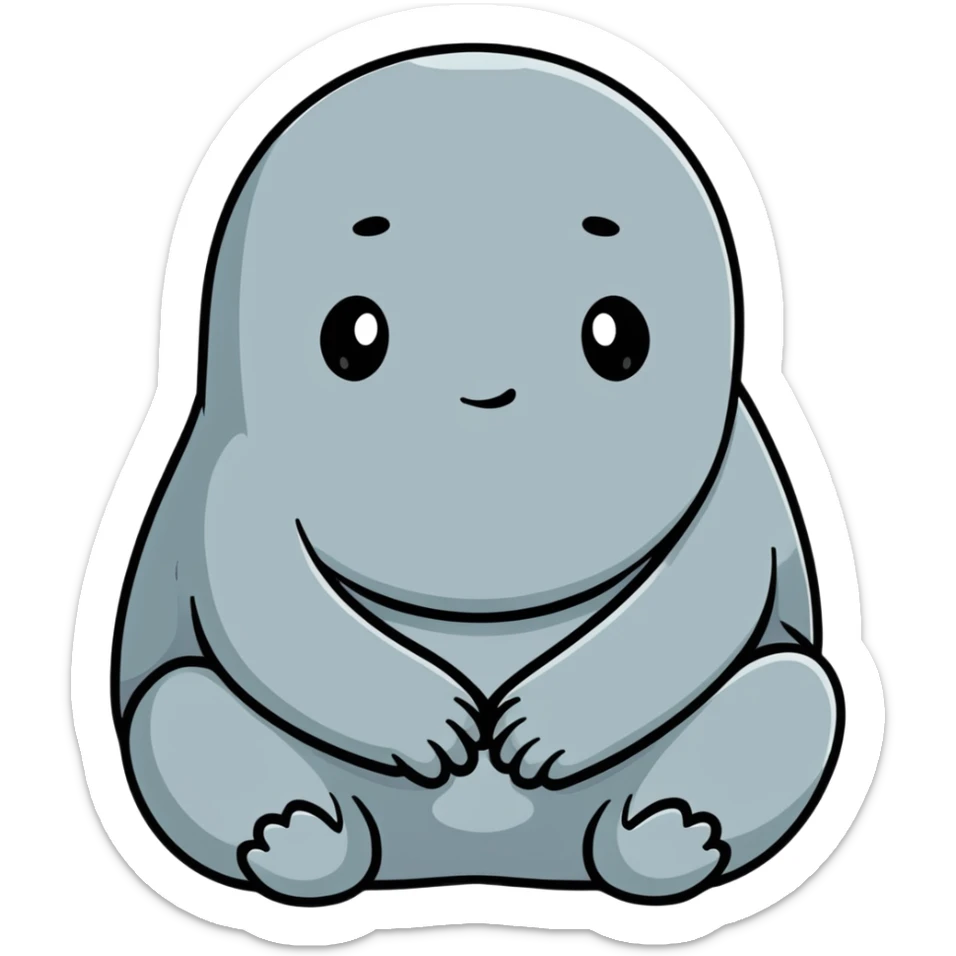 Zhdun (The One Who Waits), a cute gray blob-like creature with wrinkled skin, no neck, tiny hands resting on lap, patiently waiting sticker