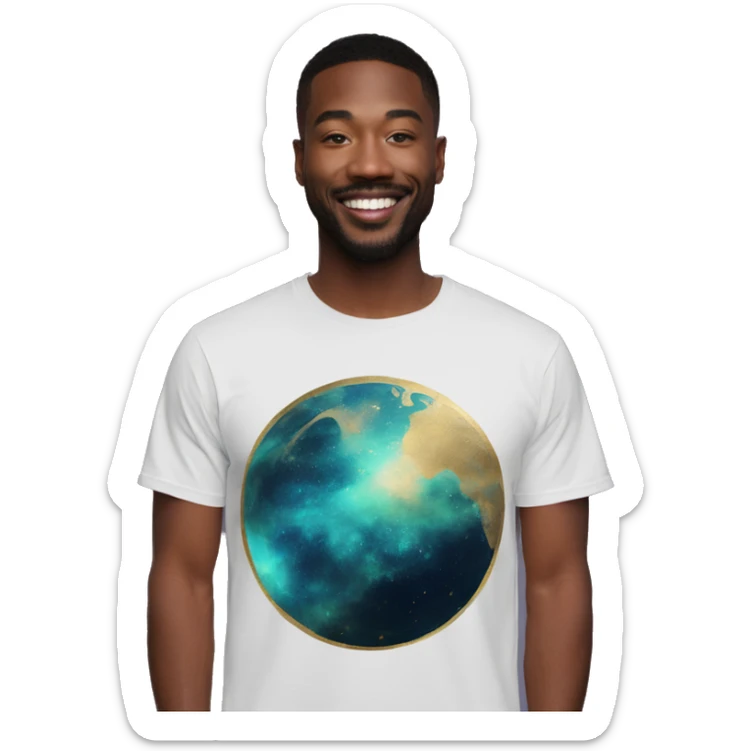 Person wearing T shirt with vintage gilded earth on it and nebulas t shirt sticker