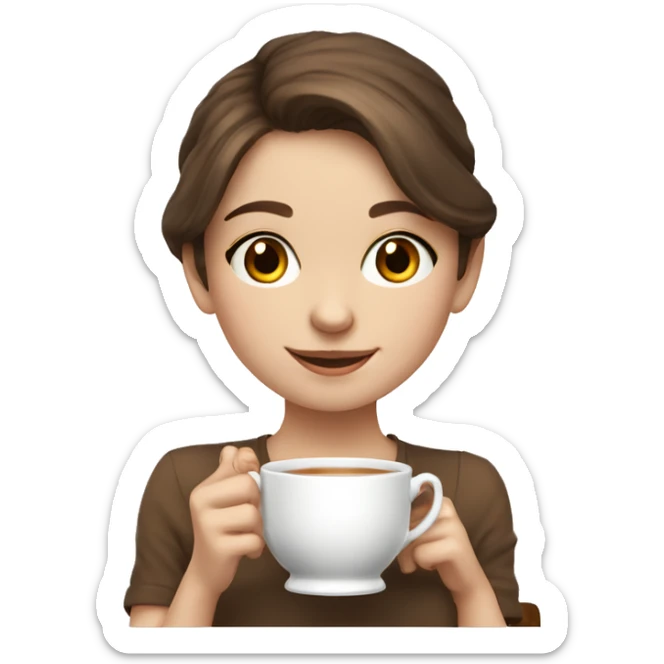 cute girl drinking tea brown hair, smiling and pale skin sticker