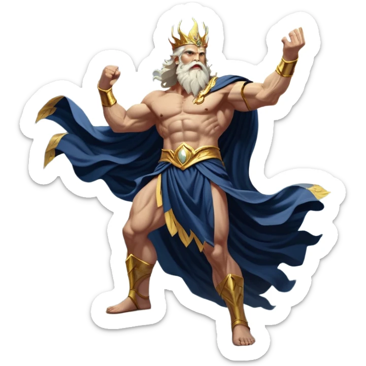 Cinematic-realistic Zeus, the mighty ruler of Olympus, standing atop a stormy mountain peak. His glowing eyes crackle with divine energy as he raises his muscular arm, summoning a bolt of lightning that splits the darkened sky. His flowing white beard and golden laurel crown shimmer under the raging tempest, while his billowing toga flutters against the roaring winds, embodying the unstoppable power of the gods. sticker
