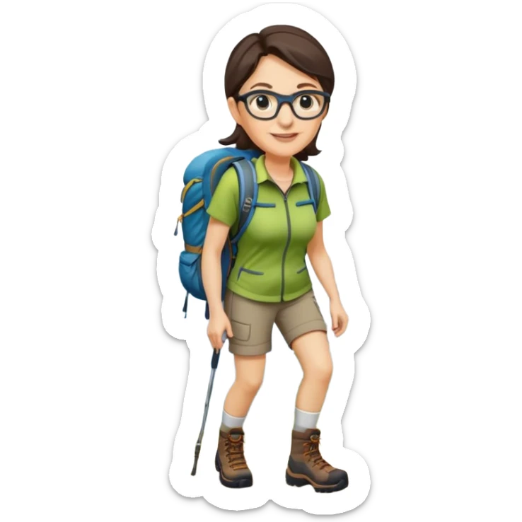 Woman in her 40s with glasses wearing sporty outfit, hiking boots, and backpack looking happy and curious sticker