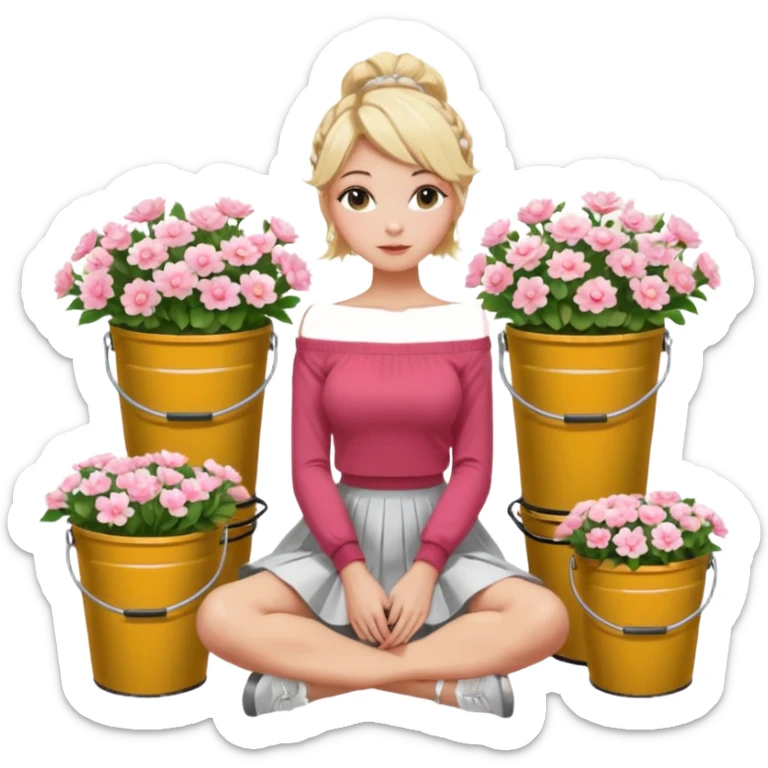 a blond girl  sitting  near various bouquets of flowers in metal buckets a white and pink flowers , Her hairstyle is slightly messy updo. She wears a red off-shoulder cardigan and a white long skirt. Her leg is extended forward toward the camera, appearing long and graceful. sticker