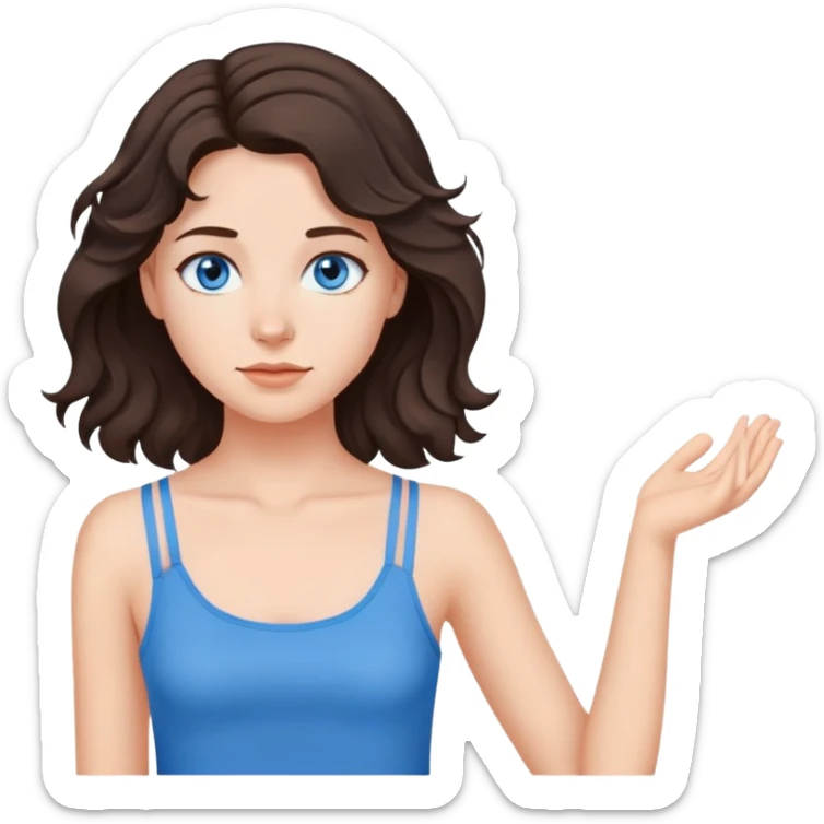 a girl with dark brown wavy hair just below her shoulders, with gray-blue eyes, in a blue tank top with thin straps sticker