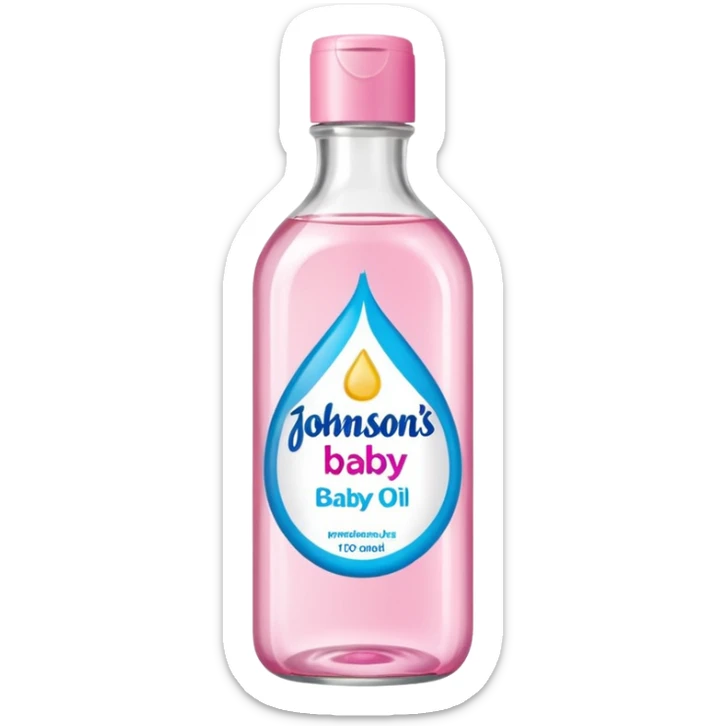 johnson's baby oil in a transparant bottle with a pink label. The oil should look transparant  sticker