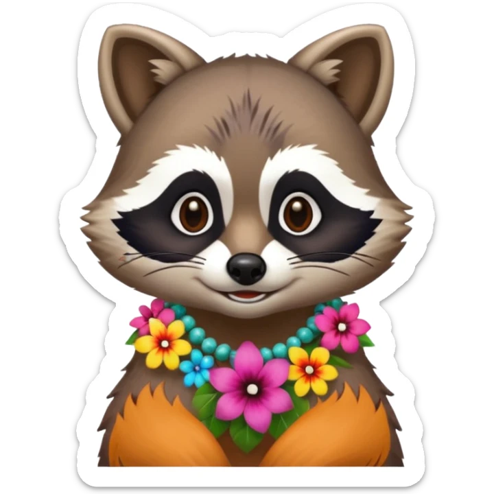 A playful raccoon wearing a hawaiian flower necklace, looking festive. sticker