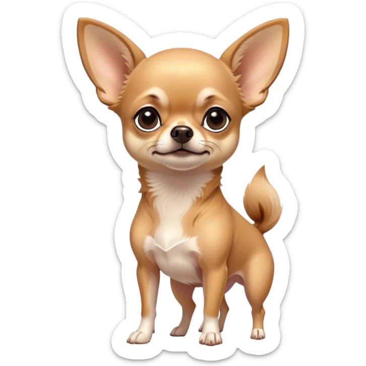 Cinematic Noble Fawn Short Haired Chihuahua Portrait Emoji, Poised and regal, with a compact, muscular build and a sleek, well-groomed fawn coat, deep-set soulful dark eyes, Simplified yet sharp and sophisticated features, highly detailed, glowing with a soft, dignified glow, high shine, intelligent and loyal, stylized with an air of strength, focused and attentive, soft glowing outline, capturing the essence of a watchful and confident guardian, so majestic it feels as though it could step out of the screen with effortless authority! sticker