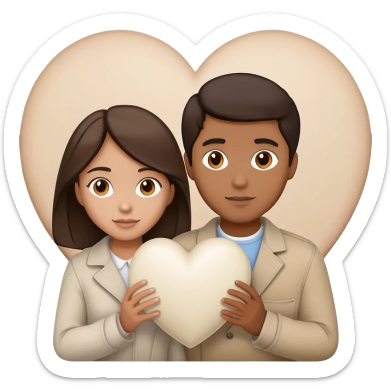 A couple with dark brown hair and mixed skin tone inside a white heart, wearing beige clothes sticker