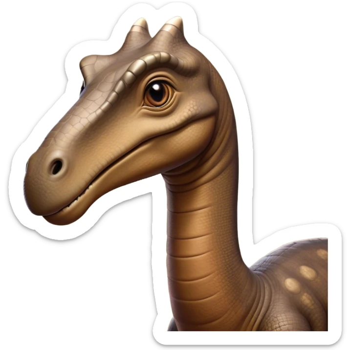 Cinematic Noble Brontosaurus Portrait Emoji, Poised and majestic, with a colossal, elongated neck stretching gracefully from a massive, sturdy body draped in warm, earthy tones, a gentle, wise face with soft, observant eyes, and a long, elegant tail, Simplified yet grandly defined features, highly detailed, glowing with a soft, ancient luminescence, high shine, intelligent and serene, stylized with an air of prehistoric grandeur, focused and calm, soft glowing outline, capturing the essence of a watchful and confident Brontosaurus that appears ready to loom out of the screen with effortless majesty! sticker
