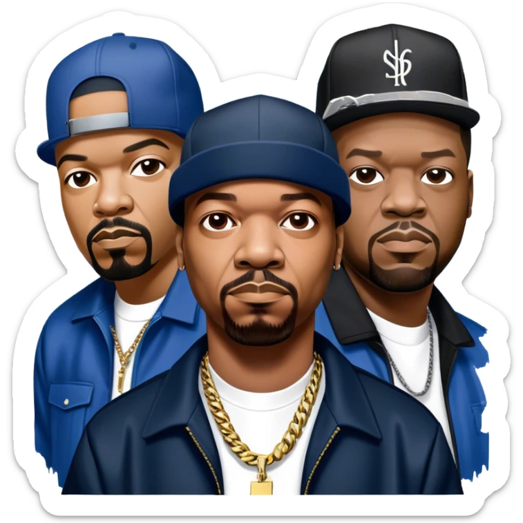 Icon for Rap Music: collage of rap legends—Snoop Dogg, Ice Cube, Dr. Dre, and 50 Cent. Iconic elements include microphones, headphones, and urban street elements like graffiti. Bold, energetic vibe with a hip-hop style. Transparent background. sticker