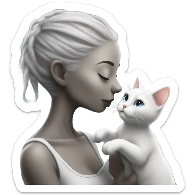 Photo realistic, alien female gray, kissing and embracing white cat, sticker