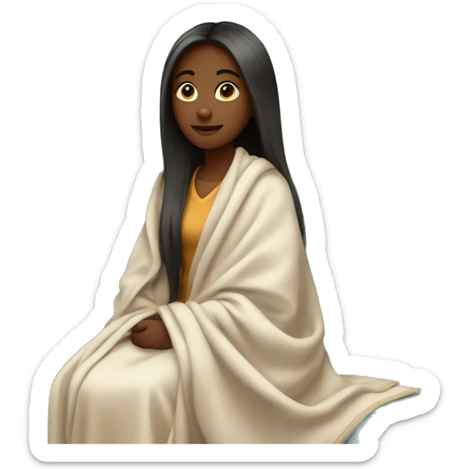 A young women with long straight hair wearing blanket around her and sitting on sofa sticker