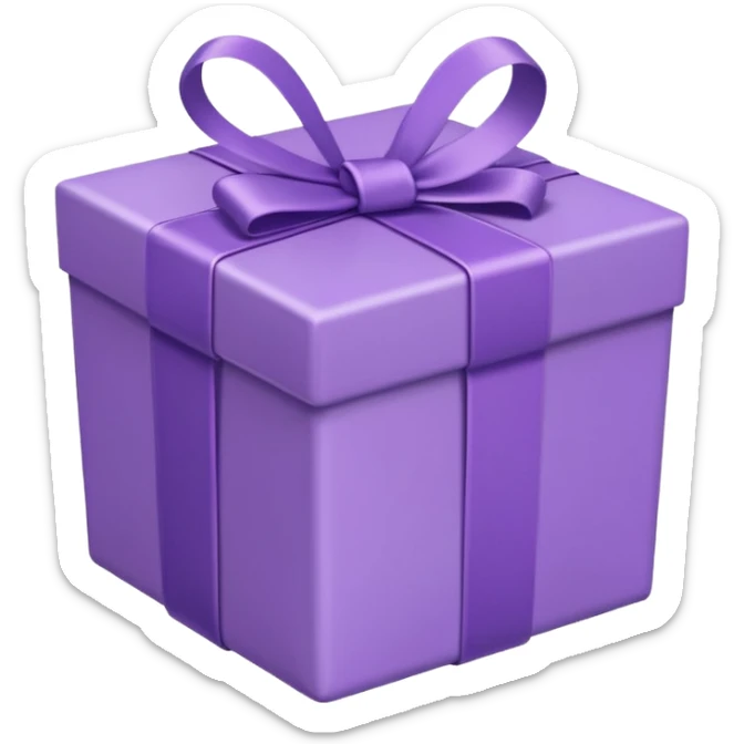 A cute emoji-style illustration of a purple gift box with a ribbon, pastel purple tones, rounded shape, kawaii style, simple clean lines, soft shading, minimal details, centered composition, transparent background sticker