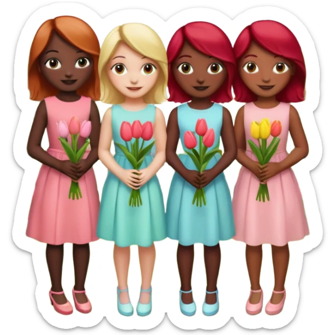 girls at a garden party wearing pastel dresses and holding tulips, one is black, one is blond, one has brown hair, one has red hair sticker