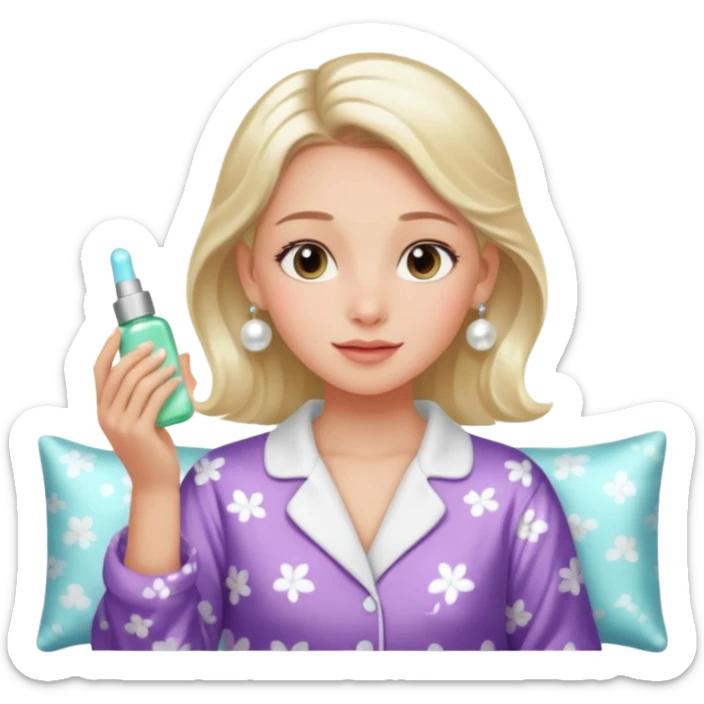 Clean girl aesthetic emoticons, apply skincare products, pearl earrings, glowing skin, pajamas, soft lighting sticker