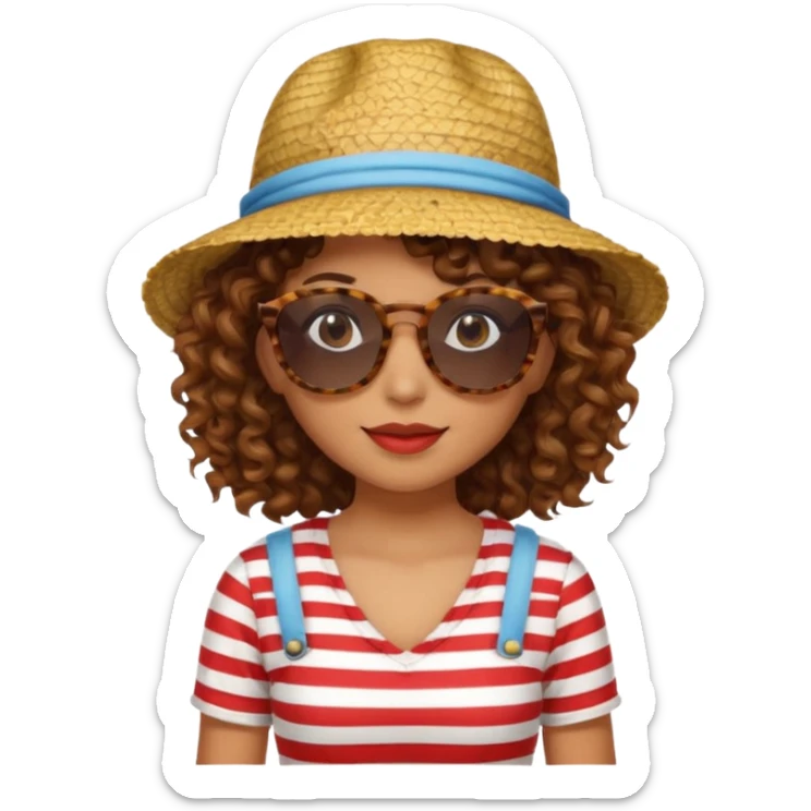 curly hair woman with striped clothing sun glasses and straw hat sticker