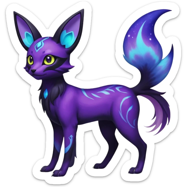 Rare realistic purple indigo violet nebulae shiny sparkly dark-neon glowing bioluminescent edgy badass epic pretty beautiful handsome gorgeous aesthetic colorful vibrant Vernid-Trico-Umbreon-Espeon-species-Fakemon-creature by LiLaiRa, 4 legs, 1 tail, random markings, (full body) sticker