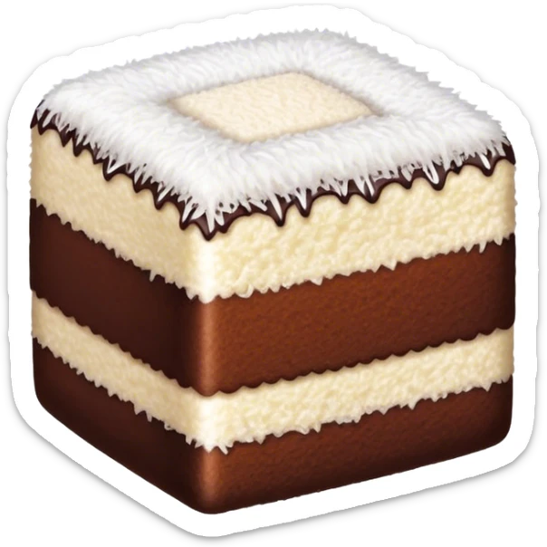 Lamington Cinematic Realistic Lamington Dessert Emoji, depicted as a sponge cake square coated in chocolate and dusted with coconut on all sides, rendered with lifelike textures and vibrant, tropical lighting. sticker