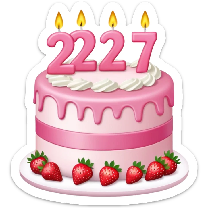 Pink birthday cake with the number 27 as candles on it and strawberries  sticker